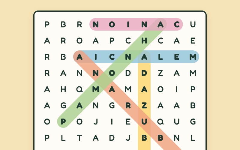 Grade de letras vista de perto, com quatro palavras marcadas por faixas coloridas: uma deitada, uma em pé e duas na diagonal